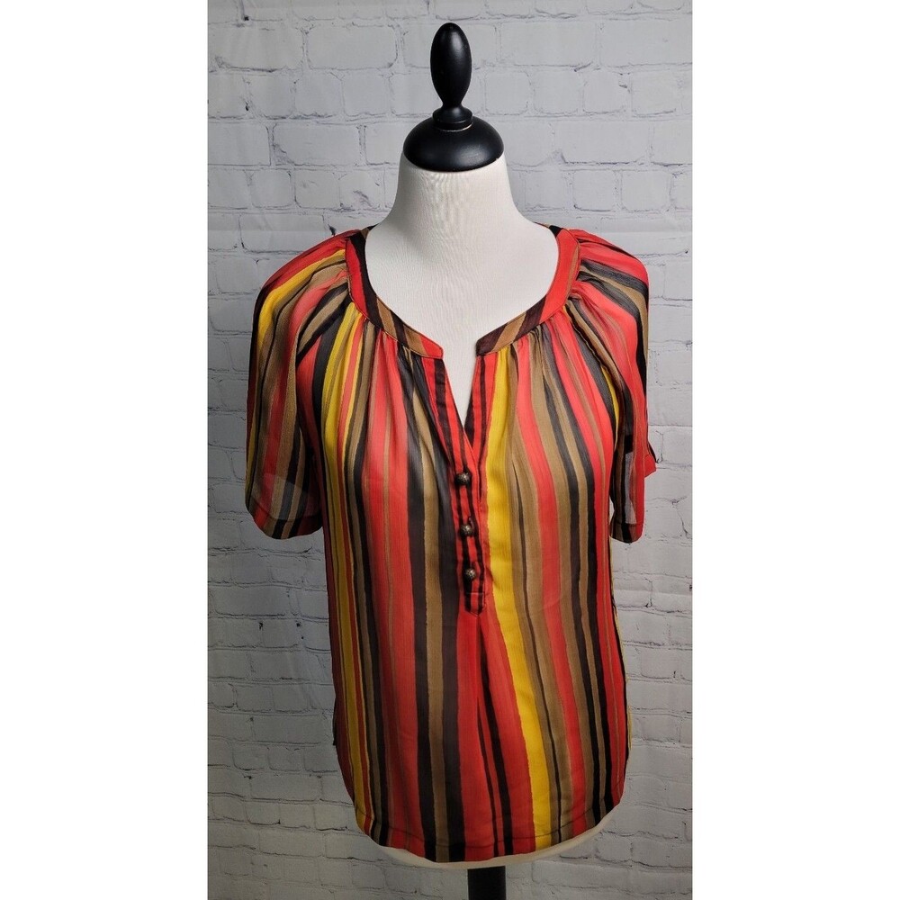 Jones New York Sport Sheer Women's Blouse size Med Strip Buttons V Neck Career